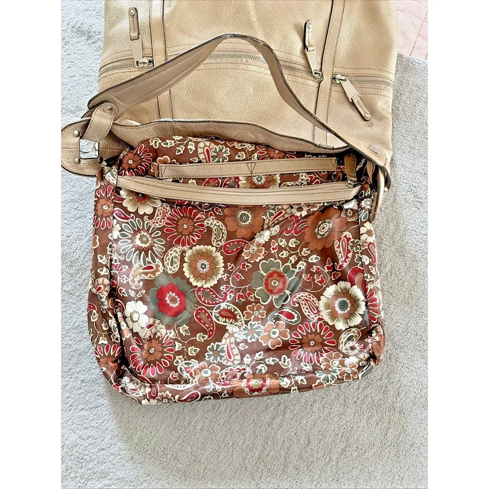Tignanello Hobo Bag Purse Large Champagne Pebbled Leather Gold Jewel Tone Luxury